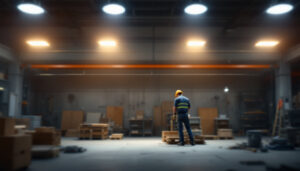 A photograph of a well-lit industrial workspace featuring high bay shop lights in action