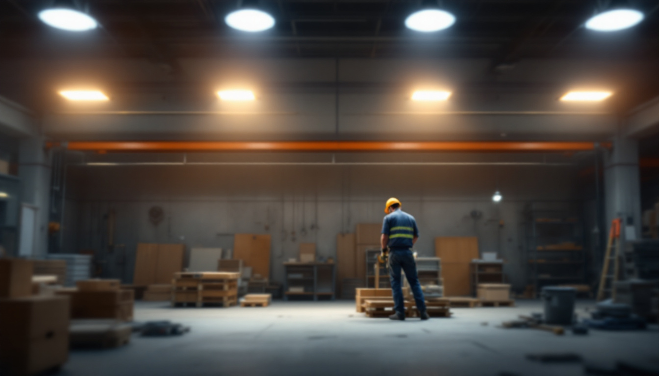A photograph of a well-lit industrial workspace featuring high bay shop lights in action