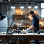 A photograph of a well-lit workspace featuring 10ft power cord linkable shop lights in use