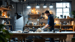 A photograph of a well-lit workspace featuring 10ft power cord linkable shop lights in use