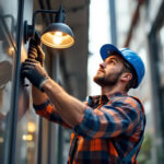 A photograph of a skilled lighting contractor installing or adjusting a stylish commercial outdoor light fixture in an urban setting