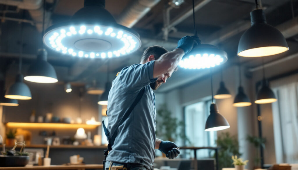 A photograph of a lighting contractor installing or showcasing a variety of big led lights in a modern commercial or residential setting