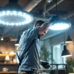 A photograph of a lighting contractor installing or showcasing a variety of big led lights in a modern commercial or residential setting