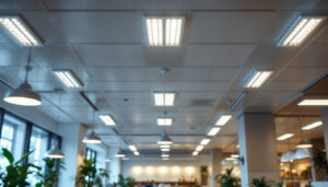 A photograph of a well-lit commercial space featuring a drop ceiling with 2x4 led lights installed