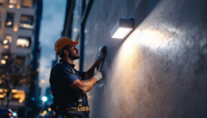 A photograph of a lighting contractor installing a led wall pack with a photocell on a commercial building