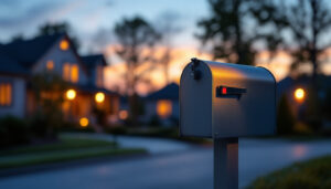 A photograph of a beautifully illuminated mailbox featuring an elegant solar light at dusk