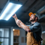 A photograph of a lighting contractor installing or showcasing 4ft led light fixtures in a commercial or residential space
