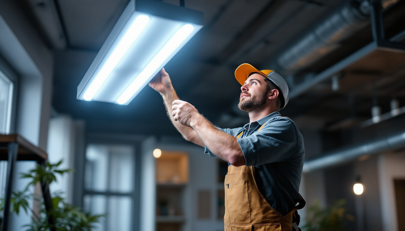 A photograph of a lighting contractor installing or showcasing 4ft led light fixtures in a commercial or residential space