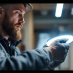 A photograph of a lighting contractor expertly installing or adjusting a light wafer in a modern setting