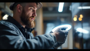 A photograph of a lighting contractor expertly installing or adjusting a light wafer in a modern setting