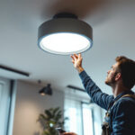 A photograph of a modern ceiling led light installation in a stylish interior setting