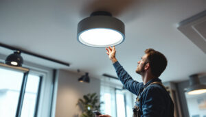 A photograph of a modern ceiling led light installation in a stylish interior setting