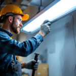 A photograph of a skilled lighting contractor demonstrating the step-by-step process of replacing a fluorescent light fixture with an led alternative