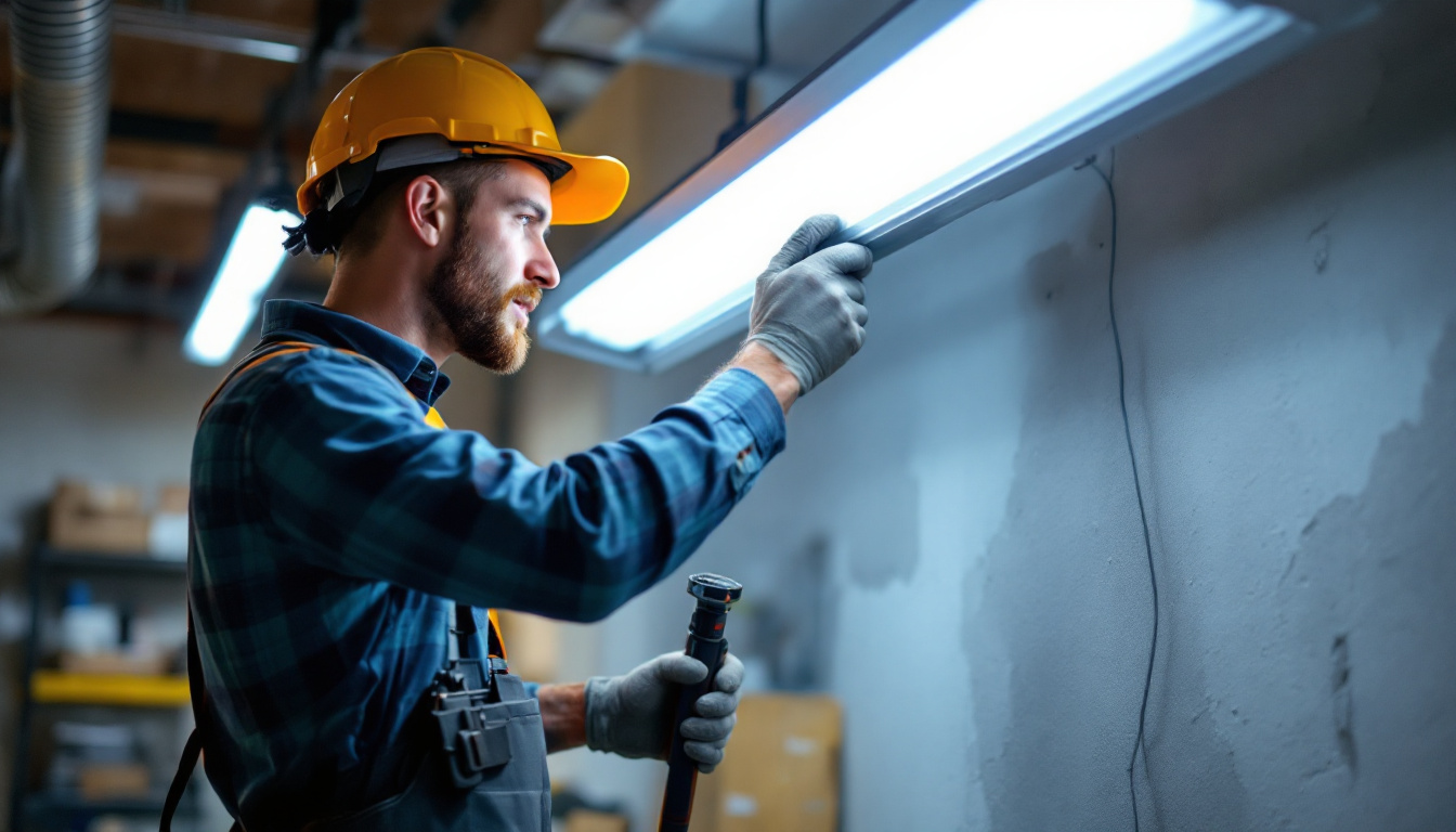 A photograph of a skilled lighting contractor demonstrating the step-by-step process of replacing a fluorescent light fixture with an led alternative