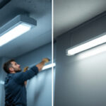 A photograph of a lighting contractor installing a led replacement fluorescent tube in a commercial space