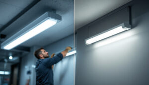 A photograph of a lighting contractor installing a led replacement fluorescent tube in a commercial space