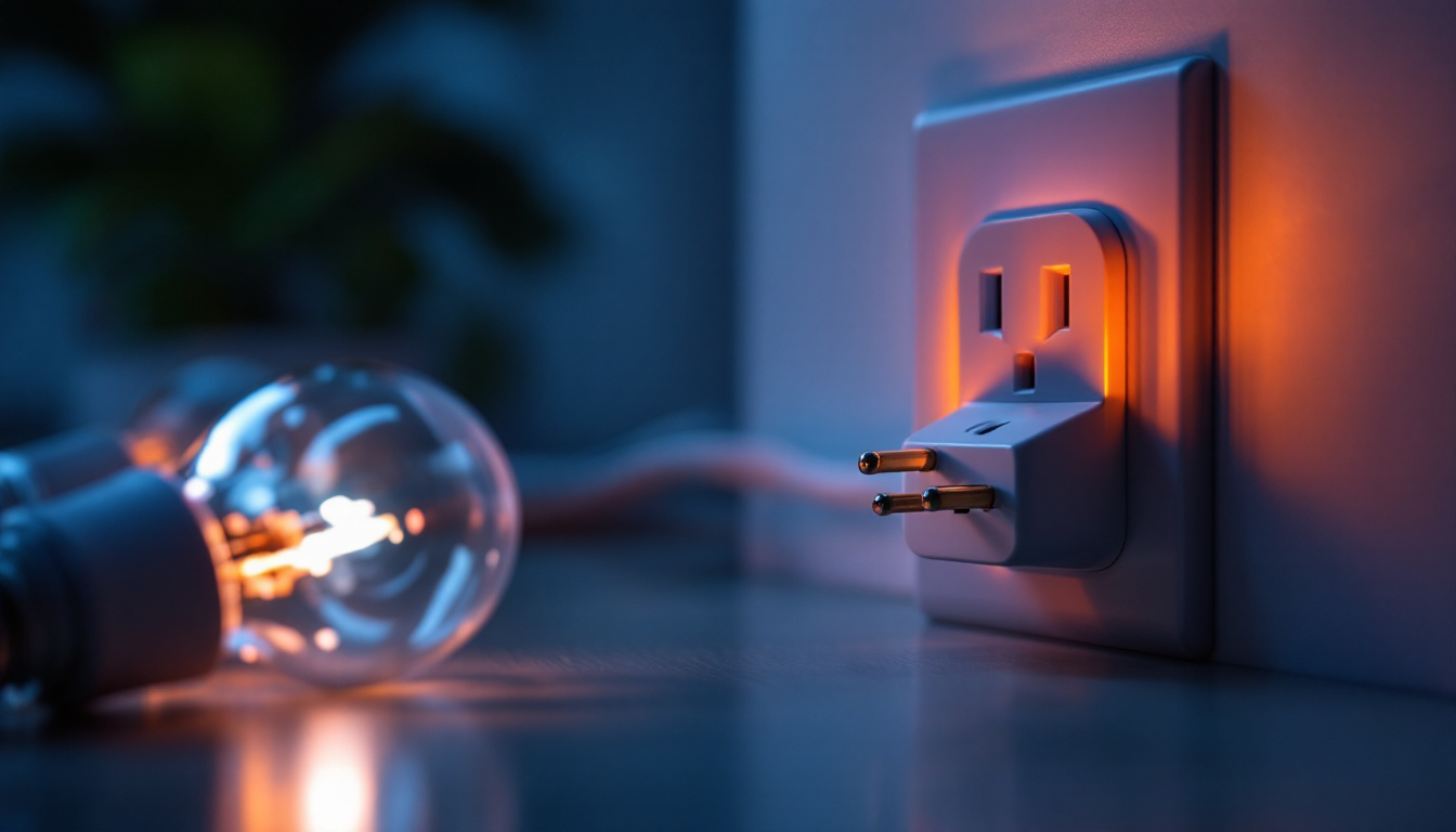 A photograph of a close-up of a modern ac plug switch in an aesthetically pleasing lighting setup