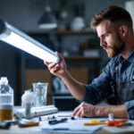 A photograph of a professional lighting contractor examining a fluorescent fixture