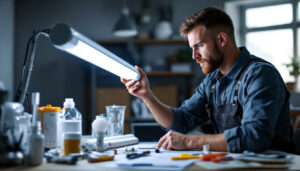 A photograph of a professional lighting contractor examining a fluorescent fixture