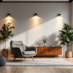 A photograph of a well-lit interior space featuring small pot lights installed in a stylish setting