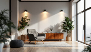 A photograph of a well-lit interior space featuring small pot lights installed in a stylish setting