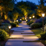 A photograph of a beautifully illuminated outdoor space featuring the solar landscape light e in action