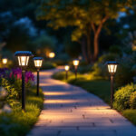 A photograph of a beautifully illuminated garden pathway at dusk