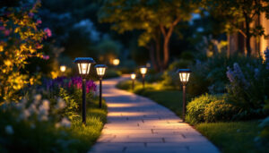 A photograph of a beautifully illuminated garden pathway at dusk