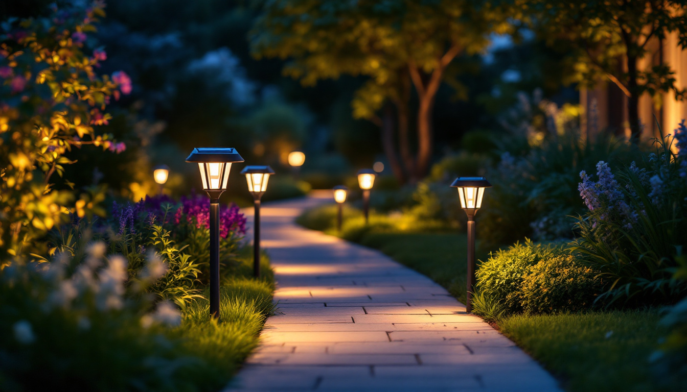 A photograph of a beautifully illuminated garden pathway at dusk