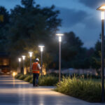 A photograph of a well-lit outdoor space featuring led pole lights in various settings
