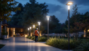 A photograph of a well-lit outdoor space featuring led pole lights in various settings