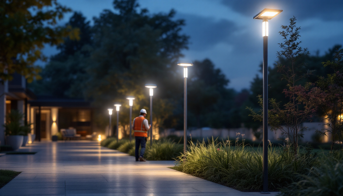 A photograph of a well-lit outdoor space featuring led pole lights in various settings