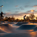 A photograph of a well-lit skate park during golden hour