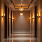 A photograph of a beautifully styled hallway showcasing a variety of elegant light fixtures