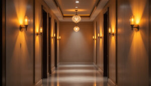 A photograph of a beautifully styled hallway showcasing a variety of elegant light fixtures