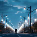 A photograph of a well-lit street scene featuring various light poles in use