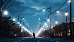 A photograph of a well-lit street scene featuring various light poles in use