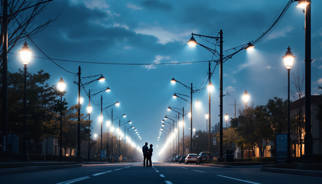 A photograph of a well-lit street scene featuring various light poles in use