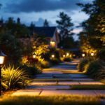 A photograph of a beautifully illuminated outdoor space featuring solar lighting fixtures