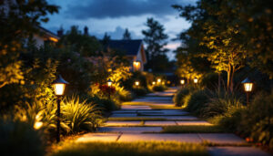 A photograph of a beautifully illuminated outdoor space featuring solar lighting fixtures