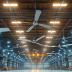 A photograph of a spacious warehouse interior featuring large