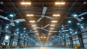 A photograph of a spacious warehouse interior featuring large