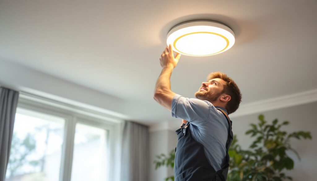 A photograph of a lighting contractor skillfully replacing an old recessed light fixture with a modern led unit