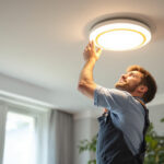 A photograph of a lighting contractor skillfully replacing an old recessed light fixture with a modern led unit