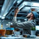 A photograph of a lighting contractor in action