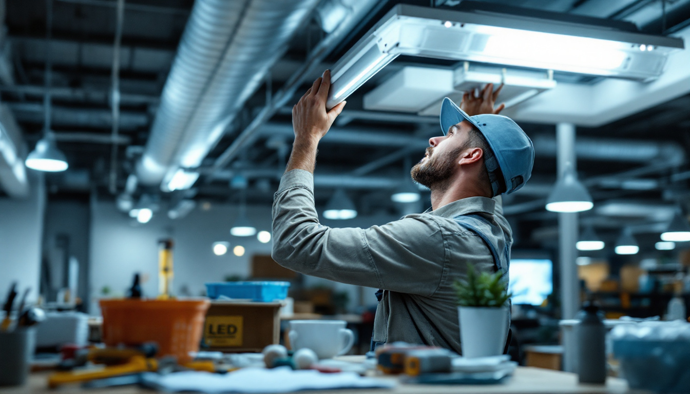 A photograph of a lighting contractor in action