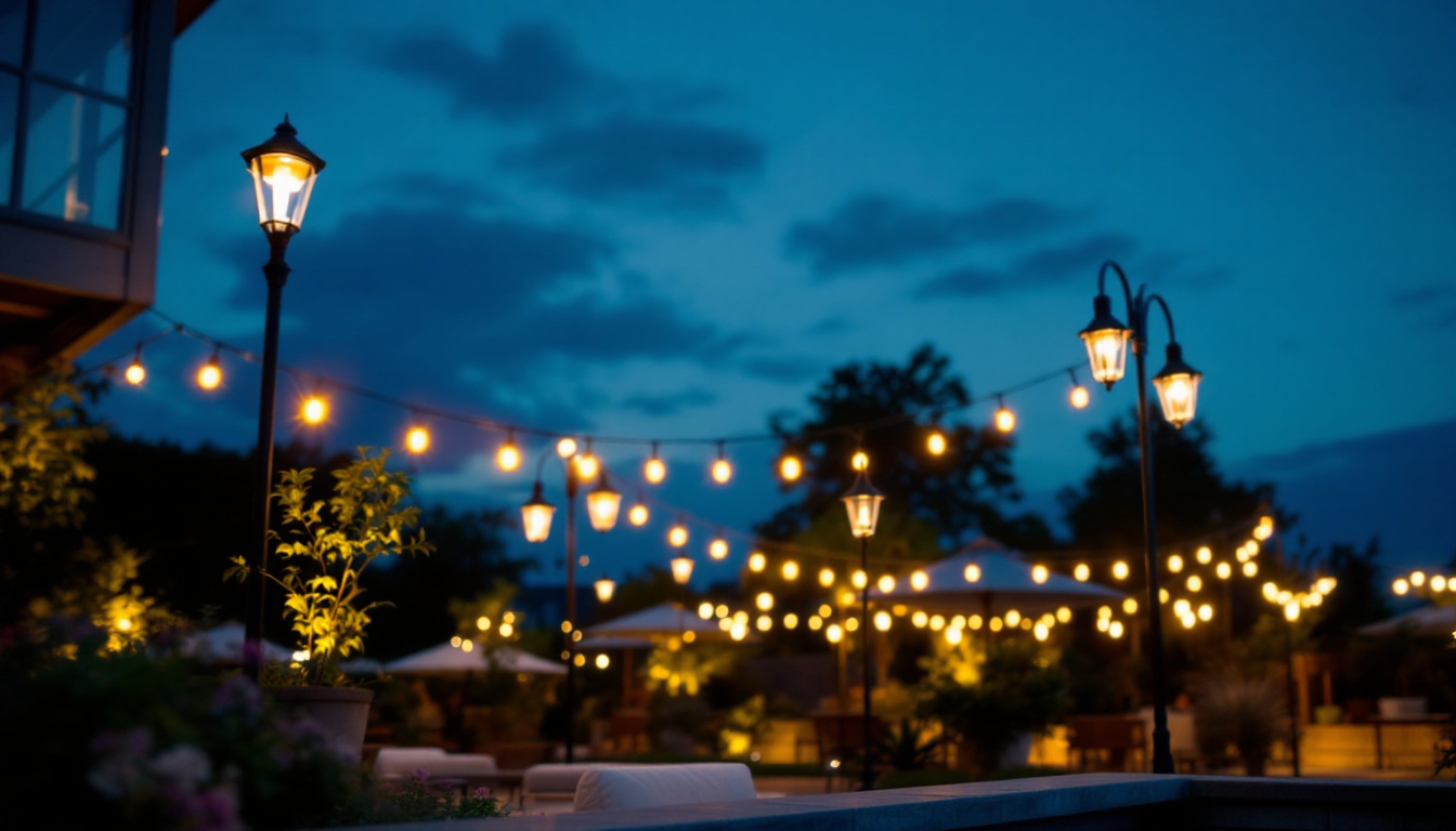 A photograph of a beautifully illuminated outdoor space at dusk