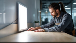 A photograph of a lighting contractor installing or showcasing a 2x2 led panel light in a modern office or commercial space