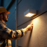 A photograph of a lighting contractor inspecting or installing wallpack lights on a commercial building