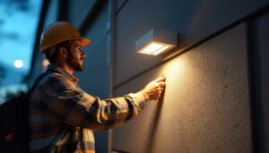 A photograph of a lighting contractor inspecting or installing wallpack lights on a commercial building